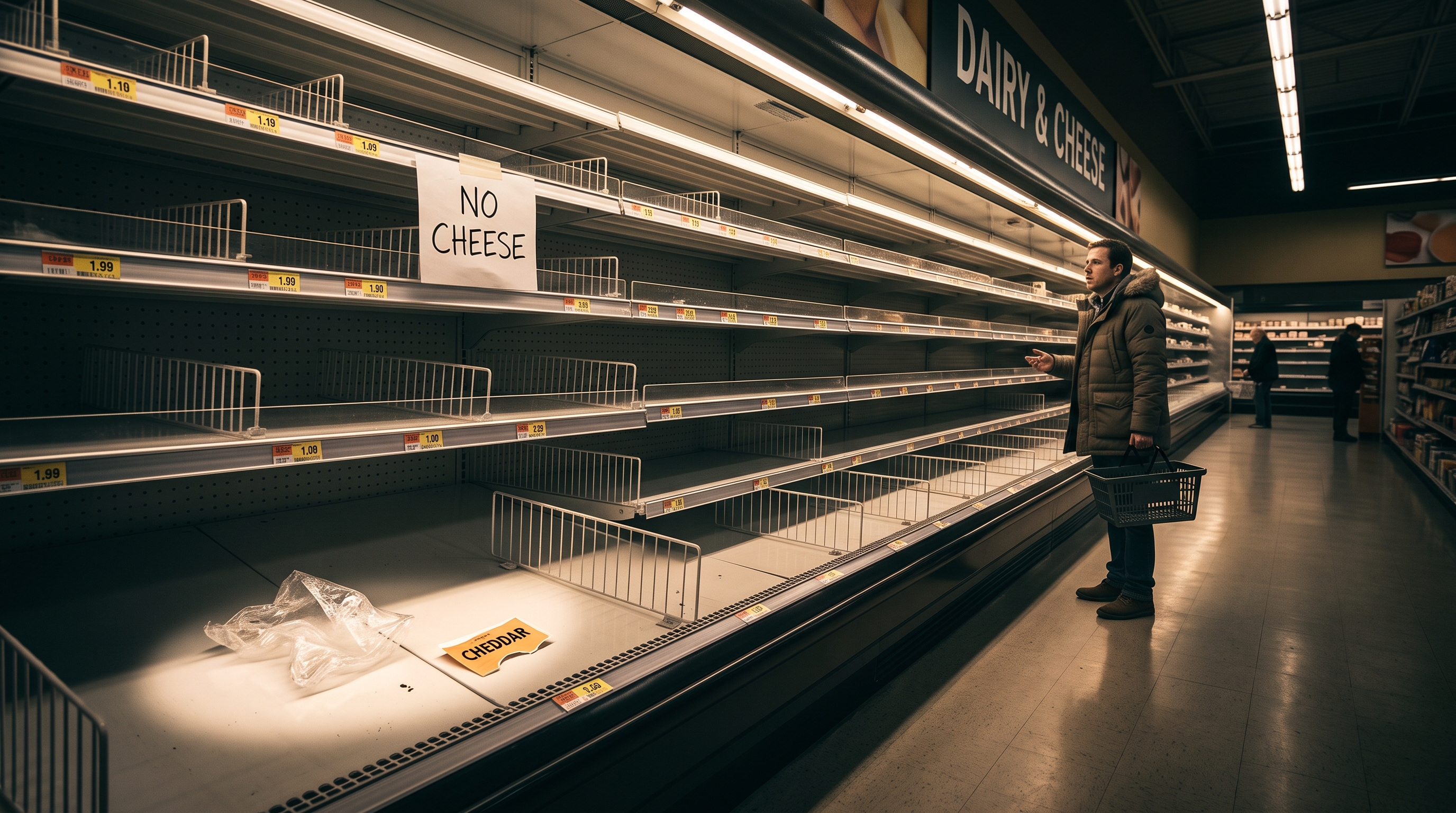 Empty dairy refrigerator shelves in grocery store
